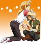  428 ahoge androgynous bandages bangle belt blonde_hair blush boots bracelet canaan canaan_(character) casual cat's_cradle chin_rest closed_eyes gradient gradient_background hand_on_another's_head hands_on_another's_head happy head_hold head_rest hug indian_style jewelry kneeling leaning long_hair mori_(unknown.) multiple_girls oosawa_maria orange_background outline reverse_trap shoes short_hair sitting smile sneakers string white_background white_hair wristband 