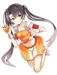  arancia armband barefoot black_hair brown_eyes flat_chest long_hair midriff navel orange_skirt original shiromiso simple_background skirt smile solo twintails white_background 