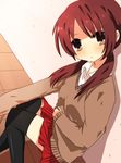  ayu_(mog) bad_id bad_pixiv_id blush brown_hair costume kotone_(pokemon) long_sleeves pokemon pokemon_(game) pokemon_hgss skirt solo sweater thighhighs 