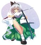  absurdres black_hairband bobby_socks full_body ghost hairband highres katana konpaku_youmu konpaku_youmu_(ghost) mary_janes pink_eyes red_eyes shoes short_hair silver_hair socks solo sukuna_(artist) sword touhou transparent_background weapon 