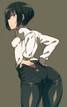  1girl ass belt black_hair black_pants blue_eyes blush breasts brown_background cameltoe em_(totsuzen_no_hakike) eyebrows_visible_through_hair from_behind kino_(kino_no_tabi) kino_no_tabi looking_at_viewer looking_back open_mouth pants pantylines shiny shiny_clothes shiny_hair shirt short_hair simple_background small_breasts solo white_shirt 