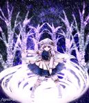  bad_id bad_pixiv_id blue_eyes blue_hair boots cape derivative_work hat letty_whiterock snow solo touhou tree winter 