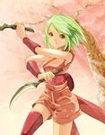  dual_wielding green_hair hako_(daibanchou) holding japanese_clothes kimono ninja original short_hair shorts single_thighhigh solo thighhighs tree weapon wristband 