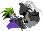  batman batman_(cosplay) batman_(series) blazblue clothes_grab cosplay duplicate green_hair hakumen long_hair mask multiple_boys parody ragna_the_bloodedge smile spiked_hair the_joker the_joker_(cosplay) 