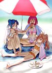  aisaka_taiga barefoot beach beach_umbrella bikini blue_hair breasts brown_eyes brown_hair cleavage day eating feet fingernails flat_chest food front-tie_top fruit kawashima_ami kushieda_minori legs long_hair medium_breasts multiple_girls ponytail purple_eyes red_eyes red_hair shade short_hair shorts soles spread_legs swimsuit toenails toes toradora! towel umbrella watermelon wokada 