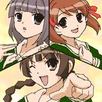  artist_request crossover cut-in dancing fukuzawa_yumi long_sleeves lowres maria-sama_ga_miteru multiple_girls nijou_noriko oekaki pointing school_uniform shimazu_yoshino suzumiya_haruhi_no_yuuutsu 