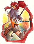  ass breasts double_k gun hair_ornament jacket large_breasts long_hair ponytail red_hair shooting_glasses short_shorts shorts solo sunglasses tehryu tengen_toppa_gurren_lagann thighhighs traditional_media underboob very_long_hair watercolor_(medium) weapon yoko_littner 