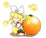  bird blonde_hair chibi closed_eyes food fruit hair_ornament hair_ribbon hairclip kagamine_rin musical_note orange ribbon short_hair sitting smile solo soratobazu_(vocaloid) spea vocaloid 