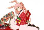  2011 animal_ears asa_no_ha_(pattern) bad_id bad_pixiv_id bow bunny_ears green_eyes hair_bun hair_ornament japanese_clothes kimono long_hair mameko obi original pink_hair sandals sash shippou_(pattern) sitting solo unmoving_pattern 