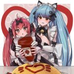  2girls :o animal_ears apron bell black_bow black_dress blue_hair blush bow breasts cat_ears cat_tail cocoa_(nikke) dress elbow_gloves fake_animal_ears fake_tail food gloves goddess_of_victory:_nikke hair_bow heart highres holding juliet_sleeves ketchup ketchup_bottle large_breasts light_blue_hair long_hair long_sleeves maid maid_apron maid_headdress multiple_girls multiple_hair_bows neck_bell o_o_k_i_n_a official_alternate_costume omelet omurice paw_hair_ornament pink_hair privaty_(nikke) privaty_(unkind_maid)_(nikke) puffy_sleeves sparkling_eyes sweatdrop tail twintails very_long_hair white_apron white_gloves yellow_eyes 