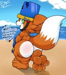 4_toes absurd_res anthro beach big_butt big_feet bucket bucket_hat butt canid canine container electricsnowfox feet foot_focus fox hi_res humanoid_feet male mammal nude plantigrade soles solo teapot_(body_type) thick_thighs toes
