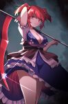  1girl blue_kimono breasts cleavage e.o. frilled_kimono frills highres holding holding_scythe japanese_clothes kimono large_breasts looking_at_viewer onozuka_komachi puffy_short_sleeves puffy_sleeves red_eyes red_hair scythe short_sleeves solo touhou two_side_up 