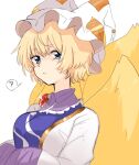  1girl ? animal_ears blonde_hair blue_eyes breasts closed_mouth commentary fox_ears hat highres kashiwara_mana looking_at_viewer mob_cap multiple_tails short_hair simple_background solo spoken_question_mark tail touhou upper_body white_background white_hat yakumo_ran 