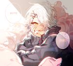  1boy black_jacket blush fingernails forever_7th_capital hair_ornament hand_up jacket korean_text looking_at_viewer male_focus open_mouth pillow sapphire_(nine) smile solo speech_bubble translation_request vien_(forever_7th_capital) white_hair x_hair_ornament 