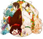  2boys back-to-back black_eyes black_hair black_kimono black_sleeves border bow closed_mouth collar collared_jacket cropped_legs dangle_earrings earrings eyelashes fingernails flower_earrings from_side frown hakutaku_(hoozuki_no_reitetsu) head_scarf high_collar holding hoozuki_(hoozuki_no_reitetsu) hoozuki_no_reitetsu horns jacket japanese_clothes jewelry kimono long_sleeves male_focus multiple_boys pants pocket pointy_ears rabbit red_collar red_sash round_border sash short_hair shukao small_horns smile suit tassel waist_sash white_background white_bow white_eyeshadow white_hat white_horns white_jacket white_pants white_sleeves white_suit white_tail wide_sleeves wolf yellow_horns 