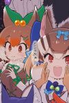  animal_ears blue_hair bow bowtie brown_eyes brown_hair chipmunk_ears chipmunk_girl dire_wolf_(kemono_friends) extra_ears gloves hair_ornament hairpin highres kemono_friends kemono_friends_v_project kitsunetsuki_itsuki long_hair looking_at_viewer microphone multiple_girls ribbon shirt short_hair siberian_chipmunk_(kemono_friends) simple_background translation_request vest virtual_youtuber wolf_ears wolf_girl 