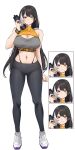  1girl absurdres alternate_costume black_hair black_pants bottle breasts cleavage expressions full_body girls&#039;_frontline heterochromia highres holding holding_bottle large_breasts long_hair midriff multicolored_hair navel pants pinepin red_eyes ro635_(girls&#039;_frontline) shoes simple_background smile sneakers sports_bra sportswear streaked_hair tight_clothes tight_pants white_background white_hair yellow_eyes yoga_pants 