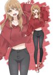  1girl absurdres alternate_costume alternate_hairstyle arm_up black_pants blonde_hair casual collarbone fashion full_body highres isshiki_iroha light_(lightpicture33) long_hair looking_at_viewer navel one_eye_closed open_mouth pants red_footwear red_sweater shoes sneakers solo standing sweater waving wide_sleeves yahari_ore_no_seishun_lovecome_wa_machigatteiru. yellow_eyes zoom_layer 