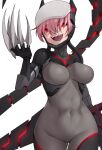  1girl act_(xadachit) black_bodysuit bodysuit breasts claws codename:_bakery_girl covered_navel cowboy_shot highres looking_at_viewer mechanical_tail open_mouth pink_hair red_eyes reverse_collapse_(series) sharp_teeth short_hair simple_background smile solo sugar_(bakery_girl) tail teeth white_background 
