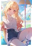  1girl absurdres belt blonde_hair blue_shorts chair earrings fur-trimmed_shorts fur_trim hair_between_eyes highres jewelry kheng_(k_heng1223) midriff multicolored_hair project_sekai red_eyes red_hair shorts sitting smile solo sweater teeth tenma_saki white_sweater 