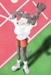 anthro athletic athletic_female athletic_wear beastars big_breasts black_nose bottomwear breasts brown_body brown_face brown_tail canid canine canis claws clothed clothing fangs female footwear grass grey_eyes hi_res juno_(beastars) kisuzu_rumina mammal pants plant red_bottomwear red_clothing red_pants shoes smile socks solo sport tail teeth white_clothing white_footwear white_shoes white_socks wolf