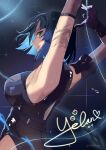 1girl arm_tattoo arms_up blue_hair bob_cut breasts character_name commentary_request genshin_impact green_eyes highres large_breasts mush_(mushlicious) short_hair sleeveless solo tattoo upper_body yelan_(genshin_impact) 