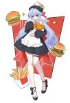  1girl absurdres apron beret black_dress black_footwear blue_hair bow burger chinese_commentary cosplay detached_sleeves dress fast_food ff2074 food french_fries fried_chicken full_body green_eyes halo hat head_wings high_heels highres holding holding_food honkai:_star_rail honkai_(series) long_hair long_sleeves looking_at_viewer noelle_(genshin_impact) noelle_(genshin_impact)_(cosplay) noelle_(kfc)_(genshin_impact) puffy_sleeves robin_(honkai:_star_rail) smile solo sparkle thigh_strap very_long_hair white_apron white_background wings 
