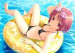  1girl barefoot bikini black_bikini bob_cut bracelet breasts covered_nipples feet from_above goggles goggles_on_head jewelry koutaro medium_breasts navel original parted_lips red_eyes red_hair short_hair solo swimsuit toes water yellow_innertube 