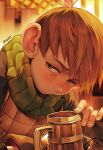 1boy blurry blurry_background blush brown_eyes brown_gloves brown_hair brown_vest chilchuck_tims cup dungeon_meshi fingerless_gloves gloves highres indoors looking_at_viewer mug ruoliang scarf solo vest 