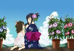  bad_id bad_pixiv_id barefoot black_hair bow brown_hair character_request child cloud day dress flower from_behind hair_flower hair_ornament hair_up japanese_clothes kimono kneeling mameko morning_glory multiple_girls obi plant potted_plant sash shinohara_natsuki sitting summer_wars sundress 