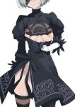  1girl 2b_(nier:automata) black_dress black_gloves black_thighhighs blindfold breasts breasts_out cleavage_cutout closed_mouth clothing_cutout commentary_request dress gloves grey_hair highres medium_breasts mole mole_under_mouth morisobo nier:automata nier_(series) nipples pulled_by_self short_hair simple_background solo standing thighhighs thighs white_background 