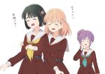  3girls ^_^ aqua_neckerchief black_hair blunt_bangs blunt_ends brown_dress cerise_bouquet closed_eyes collarbone commentary crossed_bangs dress flower flower_knot hair_bun hair_flower hair_ornament hand_on_own_cheek hand_on_own_face hasu_no_sora_school_uniform hinoshita_kaho imminent_hug link!_like!_love_live! lone_nape_hair long_hair long_sleeves love_live! makki_do medium_hair momose_ginko multiple_girls neckerchief open_mouth orange_hair otomune_kozue pleated_dress purple_hair rabbit_hair_ornament red_flower red_neckerchief sailor_collar sailor_dress school_uniform side_ponytail sidelocks simple_background single_side_bun sleeve_cuffs smile sweatdrop symbol-only_commentary translated two_side_up virtual_youtuber white_background white_sailor_collar winter_uniform yellow_neckerchief 