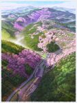  blue_sky border building cherry_blossoms cloud commentary_request day highres mountain mugumo_24k nara_(city) no_humans original outdoors power_lines railroad_tracks road scenery signature sky spring_(season) train train_station train_station_platform white_border 