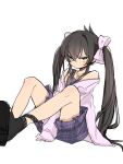  1girl bare_legs bare_shoulders black_footwear black_hair bow dress glaring hair_between_eyes hair_bow highres idolmaster idolmaster_cinderella_girls jacket knees_up long_hair looking_at_viewer matoba_risa nigirimeshi8055 purple_dress purple_jacket simple_background sitting solo twintails very_long_hair white_background 