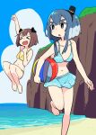  &gt;_&lt; 2girls alternate_costume arm_up ball barefoot beach beachball bikini bikini_skirt blue_bikini blue_eyes blue_hair blue_sky breasts carrying carrying_under_arm cliff clip_studio_paint_(medium) cloud cloudy_sky colored_tips commentary_request day foot_out_of_frame hat holding holding_ball holding_beachball jumping kantai_collection long_hair midair mini_hat multicolored_hair multiple_girls ocean open_mouth outdoors raised_fist running short_hair short_hair_with_long_locks sidelocks sky small_breasts smile summer swimsuit tokitsukaze_(kancolle) tonmoh v-shaped_eyebrows white_hair yellow_bikini yukikaze_(kancolle) 