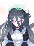  &lt;key&gt;_(blue_archive) 1girl absurdly_long_hair absurdres black_hair black_hairband blue_archive blush collared_shirt green_halo hair_between_eyes hairband halo highres long_hair long_hair_between_eyes long_sleeves looking_at_viewer maid_headdress necktie open_mouth parted_lips rectangular_halo red_eyes ringed_eyes shirt side_ponytail simple_background solo very_long_hair white_shirt yangse77 