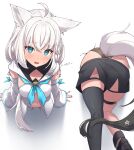  1girl @_@ ahoge animal_ear_fluff animal_ears ass ass_focus black_footwear black_panties black_shorts black_thighhighs blue_neckerchief blush boots braid breasts commentary_request crack cracked_wall crossed_bangs detached_sleeves eru_(l_illust45) fox_ears fox_girl fox_tail front_slit hair_between_eyes highres hololive hood hooded_vest hoodie long_hair looking_at_viewer medium_breasts navel neckerchief panties partially_undressed pentagram restrained shirakami_fubuki shirakami_fubuki_(1st_costume) short_shorts shorts side_braid simple_background single_braid single_thighhigh solo stationary_restraints stuck tail tail_through_clothes thigh_strap thighhighs through_wall underwear vest virtual_youtuber white_background white_hair white_vest wide_sleeves 