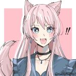  ! !! 1girl animal_ears bang_dream! bang_dream!_it&#039;s_mygo!!!!! black_choker blue_jacket blush border breasts chihaya_anon choker cleavage collarbone commentary dog_ears dog_girl dog_tail drop_shadow earrings fang frilled_jacket frills grey_eyes highres jacket jewelry kemonomimi_mode long_hair looking_at_viewer nanami_(nunnun_0410) necklace open_mouth outside_border pink_background pink_hair smile solo tail twitter_username upper_body white_border 