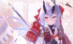  1girl absurdres amasa_(ama_sa3) armor blush bow fate/grand_order fate_(series) grey_hair hair_between_eyes hair_bow hair_ribbon highres horns japanese_armor japanese_clothes kimono kusazuri long_hair looking_at_viewer ponytail red_eyes ribbon shoulder_armor smile sode solo tomoe_gozen_(fate) white_kimono 