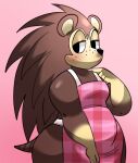 animal_crossing anthro apron apron_only blush brown_body brown_fur butt checkered checkered_clothing clothing eulipotyphlan female freckles fur hedgehog jammedvhs mammal nintendo pattern_clothing sable_able simple_background slightly_chubby solo spiked_fur spikes standing tan_body tan_fur thick_thighs