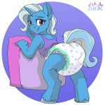 ageplay blue_body blue_hair blue_tail bottomwear clean_diaper clothed clothing diaper embarrassed equid equine female feral friendship_is_magic furgonomic_bottomwear furgonomics grabbing_pillow hair hasbro hi_res hooves horn infantilism leaning looking_at_viewer looking_back mammal my_little_pony mythological_creature mythological_equine mythology pattern_diaper pillow purple_eyes roleplay shirt smile solo standing stargal_galexi tail tank_top teeth topwear trixie_(mlp) unicorn