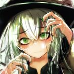  1girl araya_shiki black_hat bow green_eyes green_hair hat hat_bow hat_ribbon highres komeiji_koishi ribbon shirt solo touhou 