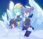  2girls aeos_(dragon_ball) baggy_pants bare_shoulders black_dress black_pants blue_eyes blue_footwear blue_hair blue_skin boots chibi colored_skin crossed_legs double_bun dragon_ball dragon_ball_heroes dress earrings hair_bun highres ice jewelry knee_boots looking_at_another mochigome_(urmmcgm) multiple_girls pants parted_lips potara_earrings purple_hair red_eyes red_nails short_dress short_hair sitting smile tiara twitter_username vidro_(dragon_ball) 