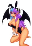 2019 areola big_breasts black_clothing black_leotard breasts bunny_costume clothing costume cuff_(restraint) demon demon_humanoid fake_ears fake_rabbit_ears fake_tail female hair hi_res horn humanoid humanoid_pointy_ears leotard multicolored_hair nemuaki not_furry purple_eyes restraints shaded simple_background solo tail tan_body tan_skin vivica_(akukun) white_background wings wrist_cuffs