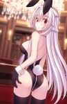 1girl :&lt; absurdres ahoge animal_ears ass bare_shoulders black_gloves black_hairband black_leotard black_thighhighs blurry blurry_background blush breasts closed_mouth commentary_request depth_of_field from_behind gloves grey_hair hair_between_eyes hair_flaps hairband hand_on_own_ass highres indoors leotard long_hair medium_breasts murasame_shia original playboy_bunny rabbit_ears rabbit_tail red_eyes solo strapless strapless_leotard tail thighhighs very_long_hair zipper zipper_pull_tab 