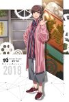  1010_mumumu 1boy 2018 :d blue_stripes brown_eyes brown_hair copyright_name full_body gears grey_shorts highres index_finger_raised jacket kamen_rider kamen_rider_zi-o_(series) open_mouth ouma_advent_calendar photo_background pink_jacket red_footwear red_stripes shirt shorts smile standing striped_clothes striped_shirt tokiwa_sougo 