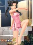  barefoot black_eyebrows black_hair closed_mouth copyright_name copyright_notice door double_bun english_text floral_print_shorts game_cg green_eyes hair_bun hair_intakes half_updo leg_up lone_nape_hair official_art outdoors parted_bangs pillar pink_shorts pink_tank_top sakura_taisen sakura_taisen_ii sega shade short_shorts shorts soletta_orihime spaghetti_strap stairs standing standing_on_one_leg tank_top toes twintails window yuasa_tsugumi 