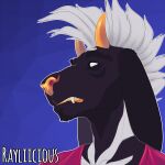 1:1 anthro artist_name black_body black_fur bust_portrait clothed clothing dark_body dark_fur empty_eyes fangs floppy_ears fur hair horn male portrait purple_body purple_fur rayliicious ronni_(rayliicious) simple_background solo teeth white_body white_eyes white_fur white_hair yellow_horn yellow_nose