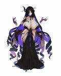  1girl absurdres black_dress black_hair blue_eyes breasts broken_horn brown_dust_2 colored_inner_hair curly_hair demon_girl demon_horns dress eclipse_(brown_dust_2) finger_to_mouth full_body groin hair_over_one_eye hayaa highres horns huge_breasts long_hair multicolored_hair nail_polish no_panties purple_hair seductive_smile side_slit simple_background smile solo thick_thighs thighs very_long_hair white_background 