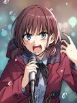  1girl black_ribbon blurry blurry_background brown_hair brown_jacket collared_shirt depth_of_field dress_shirt girls_band_cry grey_eyes hands_up highres holding holding_microphone hood hood_down hooded_jacket iseri_nina jacket long_sleeves looking_at_viewer low_twintails microphone neck_ribbon open_clothes open_jacket open_mouth ribbon shirt short_twintails solo somechime_(sometime1209) twintails upper_body v-shaped_eyebrows water_drop white_shirt 